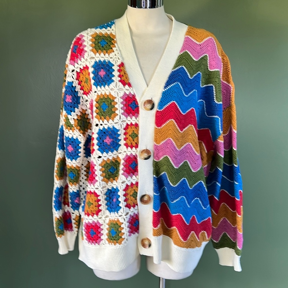 🍌 NWOT FARM RIO Mixed Crochet Oversized Sweater Cardigan Size Medium 🍌